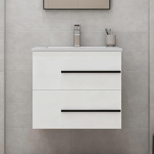24 inch Floating Bathroom Vanity with Sink, Space Saving Fluted Design for Small Bathrooms, Drawers & Black Handles White