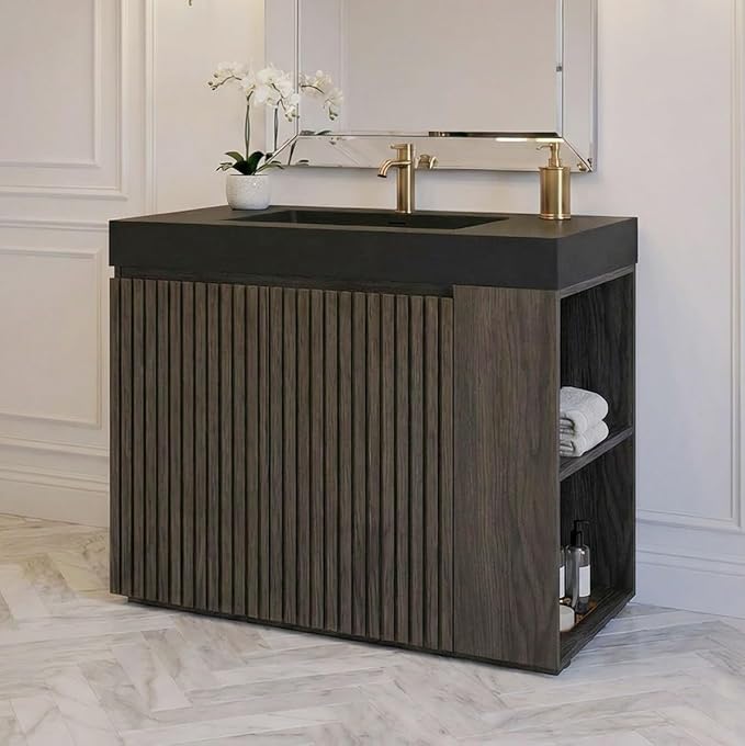 36" Bathroom Vanity with Sink Combo, Mid Century Modern Bathroom Cabinet with Doors & Open Shelf, Matte Black Integrated Sink with Overflow, Dark Grey Oak