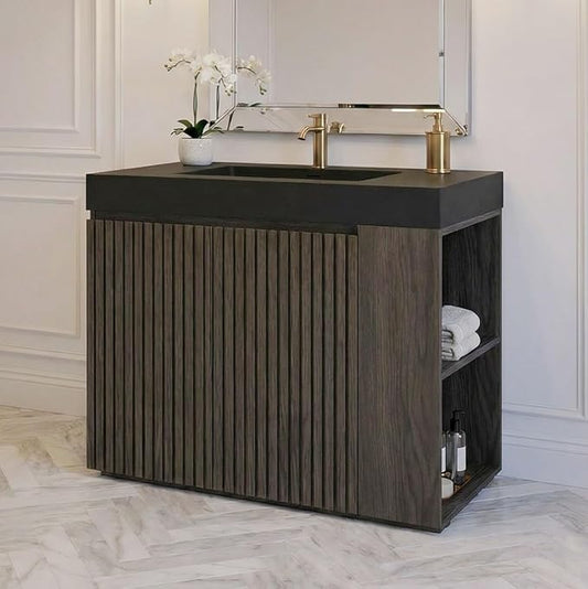 36" Bathroom Vanity with Sink Combo, Mid Century Modern Bathroom Cabinet with Doors & Open Shelf, Matte Black Integrated Sink with Overflow, Dark Grey Oak