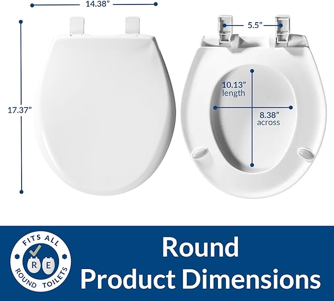 Bemis Aurora Slow Close Toilet Seat, Easy Clean Hinges and Adjustable Perfect Fit Plastic Seat, Made in USA, Round, White