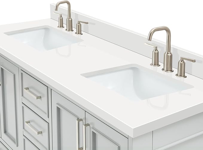ARIEL Stafford 60-inch Bathroom Vanity with Sink,Solid Wood, 1.5-inch Pure White Quartz Countertop & Backsplash, Double Rectangular Porcelain Sink, 4 Soft Closing Doors, 6 Dovetail Drawers, Grey