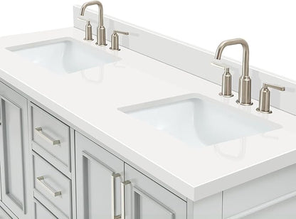 ARIEL Stafford 60-inch Bathroom Vanity with Sink,Solid Wood, 1.5-inch Pure White Quartz Countertop & Backsplash, Double Rectangular Porcelain Sink, 4 Soft Closing Doors, 6 Dovetail Drawers, Grey