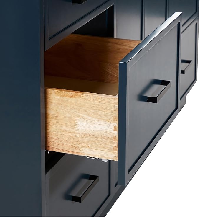 ARIEL Kelly 66-inch Bathroom Vanity with Sink,Solid Wood, 1.5-inch Carrara White Quartz Countertop, Double Rectangular Porcelain Sink, 4 Soft Closing Doors, 5 Dovetail Drawers, Midnight Blue