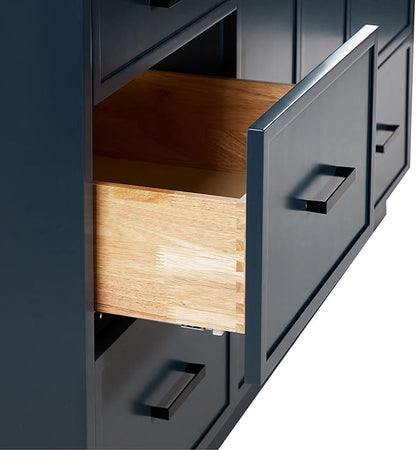 ARIEL Kelly 66-inch Bathroom Vanity with Sink,Solid Wood, 1.5-inch Carrara White Quartz Countertop, Double Rectangular Porcelain Sink, 4 Soft Closing Doors, 5 Dovetail Drawers, Midnight Blue