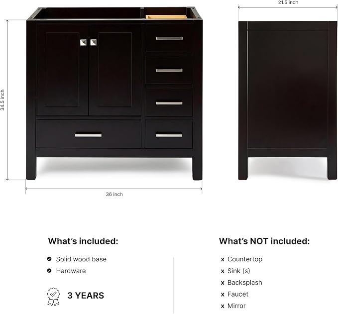ARIEL Cambridge 36-inch Bathroom Vanity Base Cabinet,Solid Wood, 2 Soft Closing Doors, 5 Dovetail Drawers, Espresso