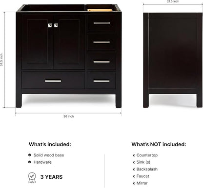 ARIEL Cambridge 36-inch Bathroom Vanity Base Cabinet,Solid Wood, 2 Soft Closing Doors, 5 Dovetail Drawers, Espresso