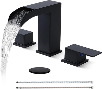 Black Bathroom Faucet 3 Hole, 8 Inch Widespread Waterfall Bathroom Sink Faucet, Matte Black Vanity Faucet with Pop-Up Drain and Hoses for Bathroom Sink Vanity Rv
