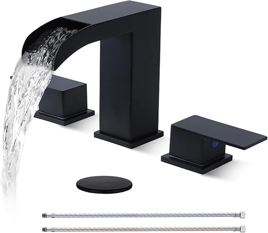 Black Bathroom Faucet 3 Hole, 8 Inch Widespread Waterfall Bathroom Sink Faucet, Matte Black Vanity Faucet with Pop-Up Drain and Hoses for Bathroom Sink Vanity Rv