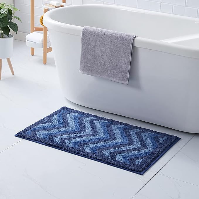 Hearth & Harbor Bathroom Rugs, Shaggy Plush Bath Mat, Ultra Soft Non Slip Backing Rubber, Chevron Design Bath Rug, Blue, 20 x 32 Inch