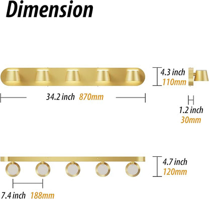 URSOLA Bathroom Lighting Fixtures Over Mirror, 5 Light Bathroom Vanity Light, LED Gold Wall Light Fixtures Up and Down Rotatable Dimmable 34 inch