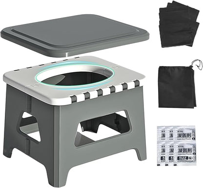 Wanheart Portable Toilet for Adults, Folding Camping Toilet with Lid & Solidifier, Emergency Seat for Limited Mobility, Compact Potty for Home, RV & Travel, Anti-Slip Design (Grey)