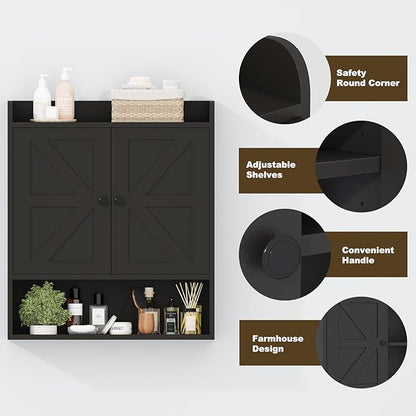 EasyCom 22" W x 26" H Bathroom Wall Cabinet, Farmhouse Medicine Cabinet with Adjustable Shelves and Double Barn Doors, Over The Toilet Storage Cabinet for Bathroom, Kitchen, Living Room, Black