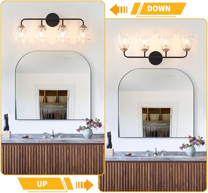 4-Light Vintage Vanity Light, Black and Gold Bathroom Vanity Light Fixtures Over Mirror, Elegant Bathroom Light Fixtures with Clear Glass Shade, Wall Sconce Lighting for Bedroom, Living Room