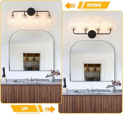 4-Light Vintage Vanity Light, Black and Gold Bathroom Vanity Light Fixtures Over Mirror, Elegant Bathroom Light Fixtures with Clear Glass Shade, Wall Sconce Lighting for Bedroom, Living Room
