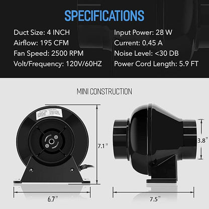 iPower 4 Inch 195 CFM Inline Duct Ventilation Exhaust Fan, 8 Feet Ducting and Backdraft Shutter Damper for Grow Tent, HVAC Heating Cooling, 2 Clamps Included