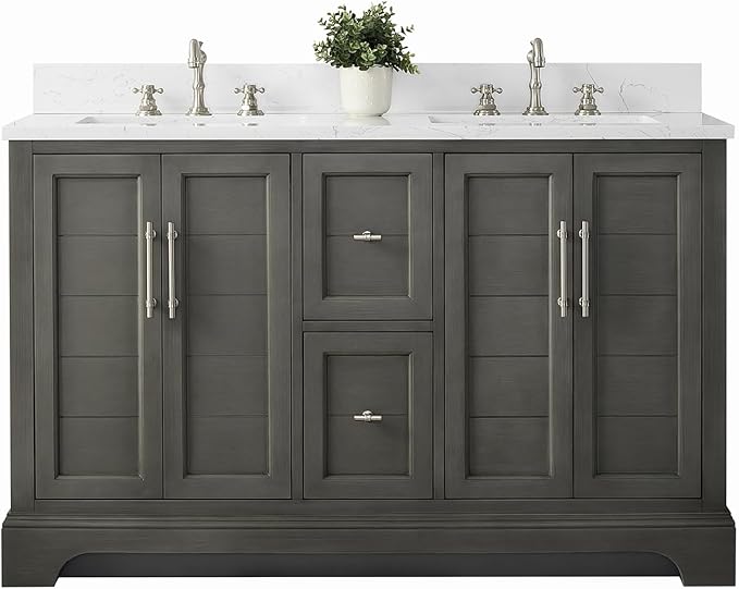 HOMEBEYOND 54 Inch Bathroom Vanity with Double Sink & Ceramic Top, Vanity Cabinet with Center Countertop Basin, Soft-Closing Doors, Backsplash,Sliver Grey