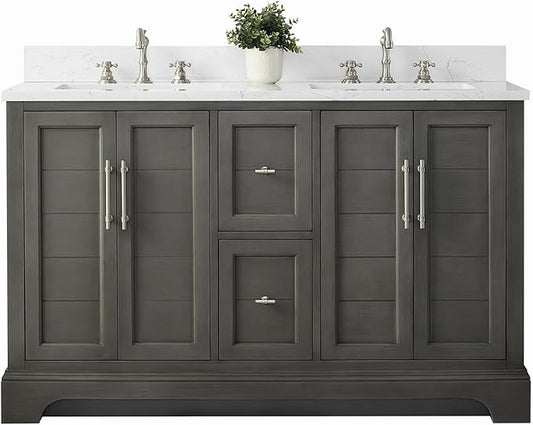 HOMEBEYOND 54 Inch Bathroom Vanity with Double Sink & Ceramic Top, Vanity Cabinet with Center Countertop Basin, Soft-Closing Doors, Backsplash,Sliver Grey