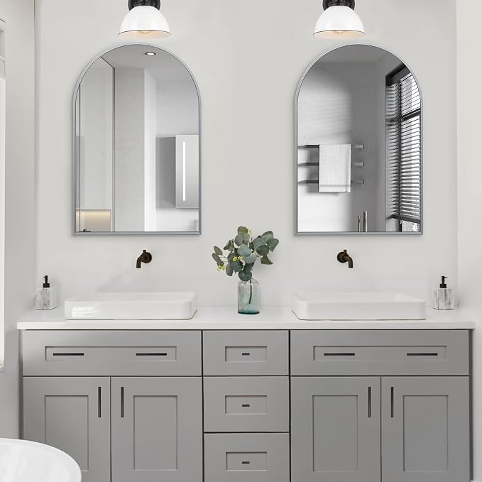 Silver Arched Mirror 20x30in, Metal Framed Bathroom Vanity Wall | Tempered Glass, Shatter Proof, Living Room Bedroom Entryway, Modern Elegant Design