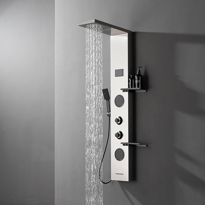 Homevacious 4 In 1 Shower Panel System with Shelf,LED Rainfall Shower Head and Massage Body Jets,3 Functions Handheld Head and Tub Spout,Stainless Steel Bathroom Shower Fixtures,Brushed Nickel