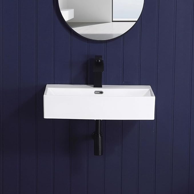 Wall Mount Bathroom Sink 24"x14" Small Vessel Sink Wall Mounted Rectangular Wall Hung Mini White Porcelain Ceramic Floating Tiny Sink with Overflow, Durable, Space-Saving, Ideal for Home,RV