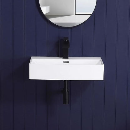 Wall Mount Bathroom Sink 24"x14" Small Vessel Sink Wall Mounted Rectangular Wall Hung Mini White Porcelain Ceramic Floating Tiny Sink with Overflow, Durable, Space-Saving, Ideal for Home,RV