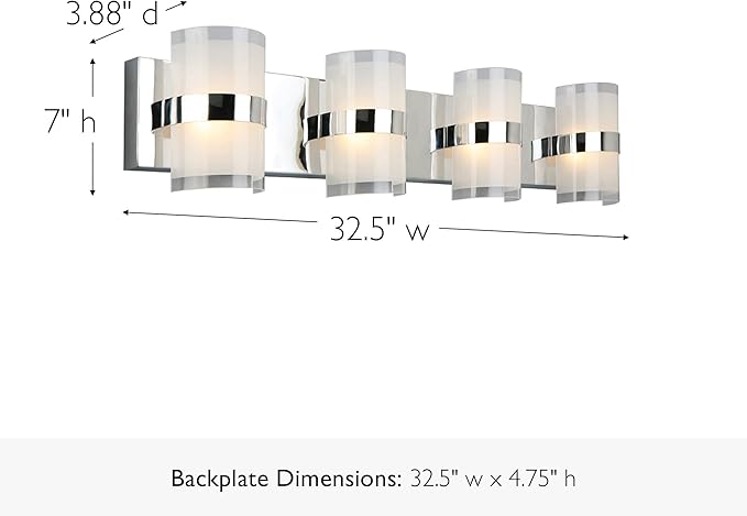 Design House Haswell Vanity Light, 4-Light Integrated LED Bathroom Fixture, Acrylic Frosted Shade, Polished Chrome, Modern Wall Lighting, 7 in H x 32.5 in L x 3.88 in W