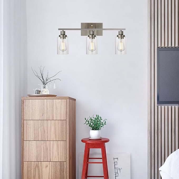 MELUCEE 3 Lights Wall Sconce Brushed Nickel Finished 20.5 Inch | Modern Bathroom Vanity Light Fixtures with Clear Glass Shade Suit for Porch Bedroom Foyer Kitchen (Patent No.: US D963914 S)