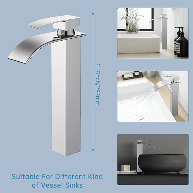 RUMOSE Tall Polished Chrome Bathroom Faucet with Pop Up Drain Modern Single Handle One Hole Bathroom Vessel Sink Faucet Waterfall Spout Rv Lavatory Vanity Faucet Deck Mount Mixer Tap, Stainless Steel