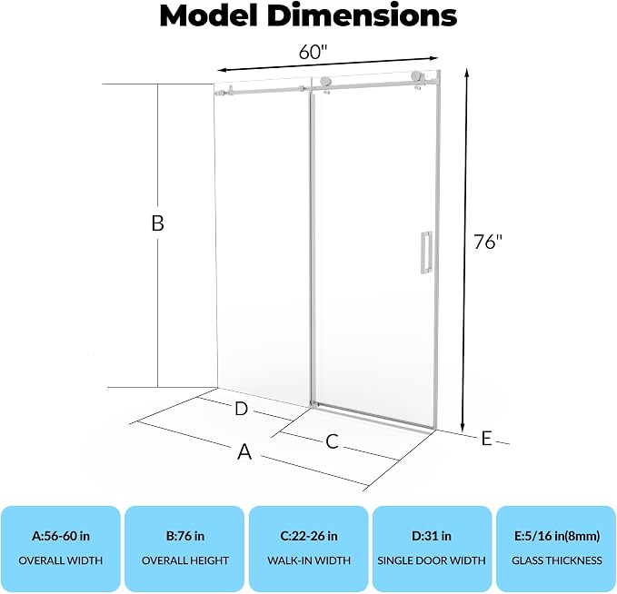 56-60" W x 76" H Frameless Sliding Shower Door，5/16" Thick Tempered Clear Glass with Explosion-Proof Film,Easy-to-Clean Coating,Handle and Seal Strip, Silver