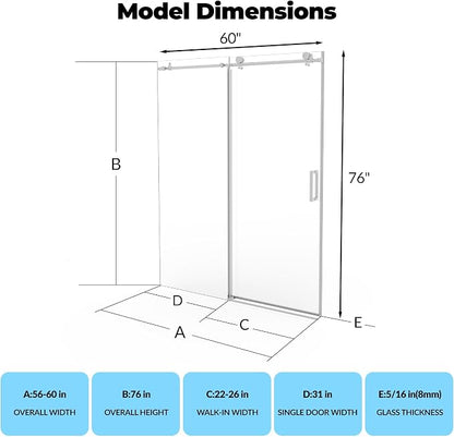 56-60" W x 76" H Frameless Sliding Shower Door, 5/16" (8mm) Tempered Glass with Explosion-Proof Film & Easy-Clean Coating, Brushed Nickel Bypass Shower Door with Seal Strip