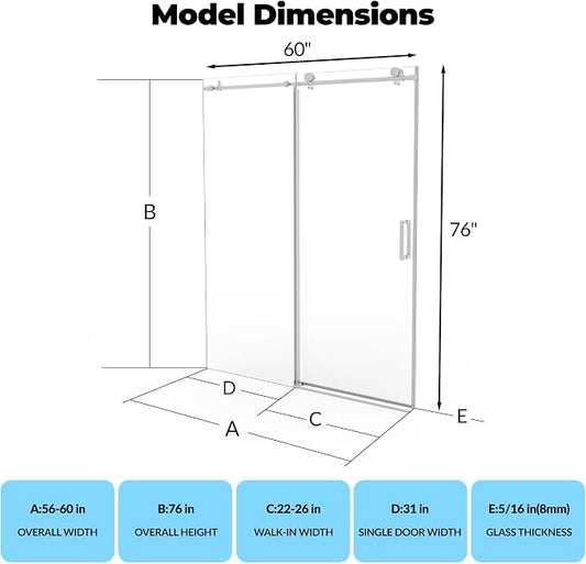 56-60" W x 76" H Frameless Sliding Shower Door, 5/16" (8mm) Tempered Glass with Explosion-Proof Film & Easy-Clean Coating, Brushed Nickel Bypass Shower Door with Seal Strip
