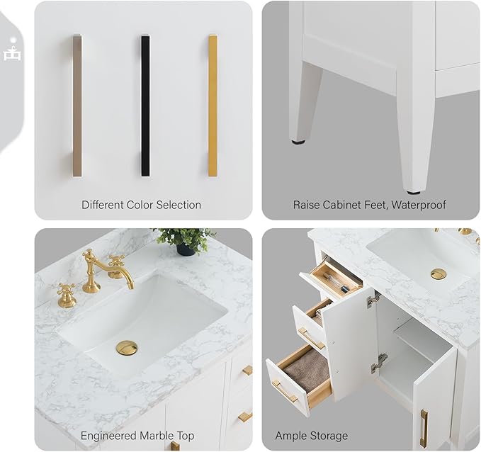 Vanity Art 36 inch Bathroom Vanity with Single Sink & Ceramic Top, Vanity Cabinet with Soft-Closing Doors, Drawers, Solid Wood Frame, White, VA9036-W-BN1