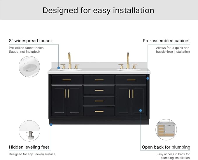 ARIEL Hepburn 66-inch Bathroom Vanity with Sink,Solid Wood, 1.5-inch Pure White Quartz Countertop & Backsplash, Double Oval Porcelain Sink, 4 Soft Closing Doors, 6 Dovetail Drawers, Black