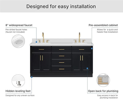ARIEL Hepburn 66-inch Bathroom Vanity with Sink,Solid Wood, 1.5-inch Pure White Quartz Countertop & Backsplash, Double Oval Porcelain Sink, 4 Soft Closing Doors, 6 Dovetail Drawers, Black