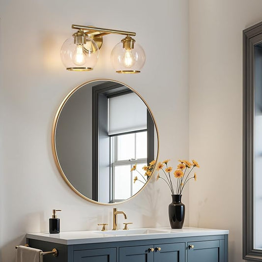 Brushed Gold Bathroom Vanity Light Over Mirror, 2 Light Bathroom Light Fixtures with Clear Globe Glass Shade, Modern Vanity Lighting Wall Mounted