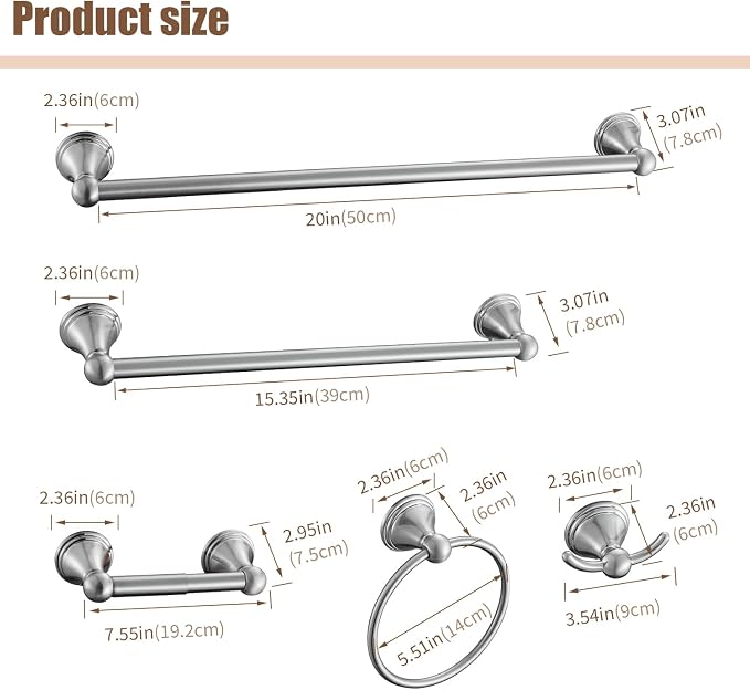 Sagetta Nickel Bathroom Hardware Set, 5-Piece Bath Accessories Set Wall Mount Includes 20 in Towel Bar, 16 in Towel Bar, Towel Ring, TP Holder, Towel Hook Brushed Nickel