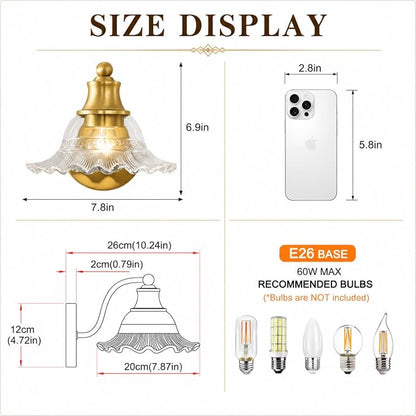 Bright Brushed Gold Bathroom Wall Sconce Vintage Style, E26 Easy Mounted | Vanity Light with Flower Glass Shade, Bathroom Wall Lighting Fixture Beside Mirror, Easy Mounted for Bedroom, Hallway