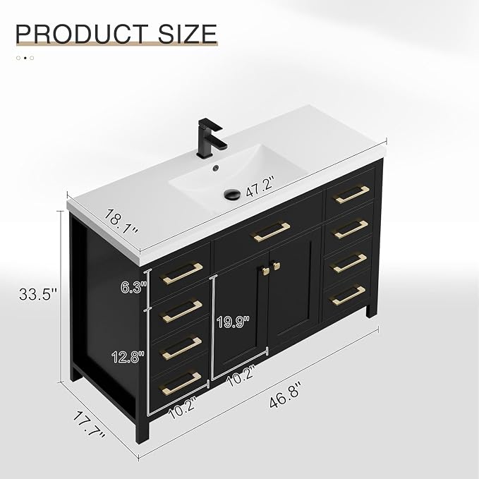 LUCKWIND 48" Modern Bathroom Vanity with Sink Combo, Contemporary Painted Storage Cabinet and Single White Sink, Include Soft-Closing Doors & Matte Black Faucet, Black