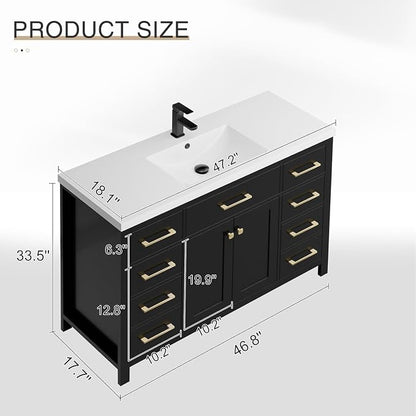 LUCKWIND 48" Modern Bathroom Vanity with Sink Combo, Contemporary Painted Storage Cabinet and Single White Sink, Include Soft-Closing Doors & Matte Black Faucet, Black