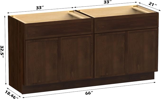 66 Inch Bathroom Vanity Base Only, Double Vanity Cabinet with Soft Closing Door, 2ea 33 inch Cabinet, Without Top,Brown
