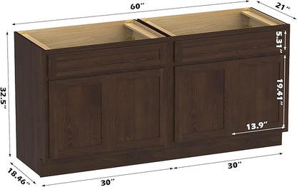 Vanity Art 60 Inch Bathroom Base Cabinet Only, Double Sink Top (Not Include Sink) with Door & Soft Close Hinge, Unassembled Floor Cabinet, Brown, 2ea 30 Inch Combo