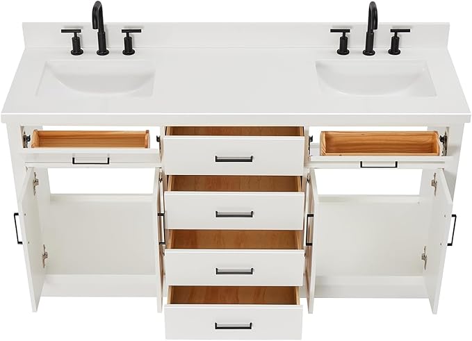 ARIEL Hepburn 66-inch Bathroom Vanity with Sink,Solid Wood, 1.5-inch Pure White Quartz Countertop & Backsplash, Double Rectangular Porcelain Sink, 4 Soft Closing Doors, 6 Dovetail Drawers, White