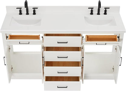 ARIEL Hepburn 66-inch Bathroom Vanity with Sink,Solid Wood, 1.5-inch Pure White Quartz Countertop & Backsplash, Double Rectangular Porcelain Sink, 4 Soft Closing Doors, 6 Dovetail Drawers, White