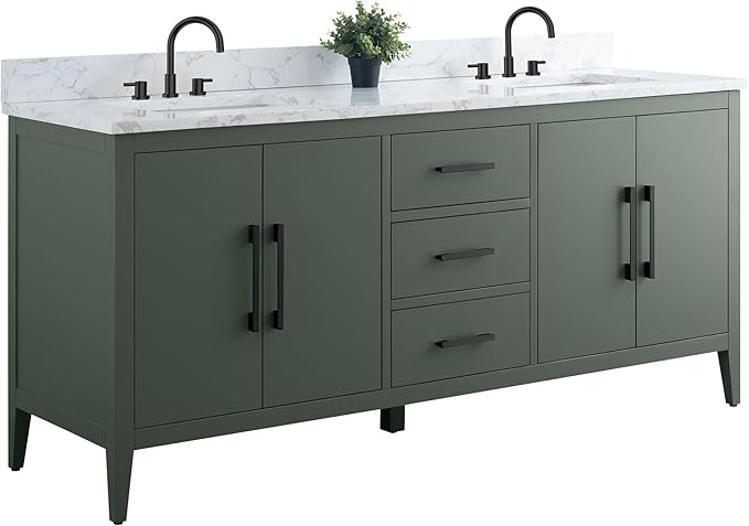 HomeBeyond 72 Inch Bathroom Vanity with Sink & Ceramic Top, Double Vanity Cabinet with Basin, Soft-Closing Doors & Matte Black Hardware, Vintage Green