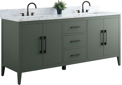 HomeBeyond 72 Inch Bathroom Vanity with Sink & Ceramic Top, Double Vanity Cabinet with Basin, Soft-Closing Doors & Matte Black Hardware, Vintage Green