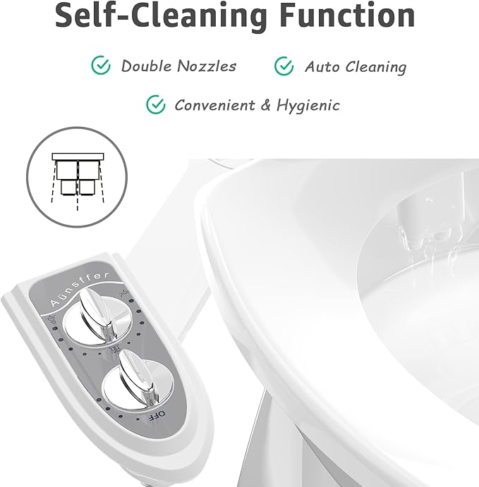 Bidet Attchment for Toilet Grey, Cold Water No-Electric, 3 Wash Modes [Frontal Wash + Rear Wash + Self-Cleaning]，Dual Nozzles Water Pressure Adjustable, Grey
