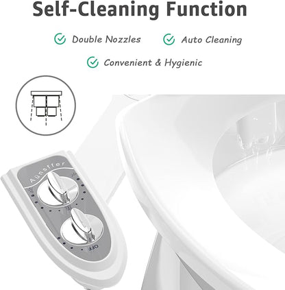 Bidet Attchment for Toilet Grey, Cold Water No-Electric, 3 Wash Modes [Frontal Wash + Rear Wash + Self-Cleaning]，Dual Nozzles Water Pressure Adjustable, Grey