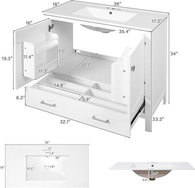 36" Freestanding Bathroom Vanity with Sink, Floor Stand Bathroom Storage Cabinet with Ceramic Sink, Doors with Double-Layered Storage Shelves, Modern Compact Vanity with Divided Drawer, White