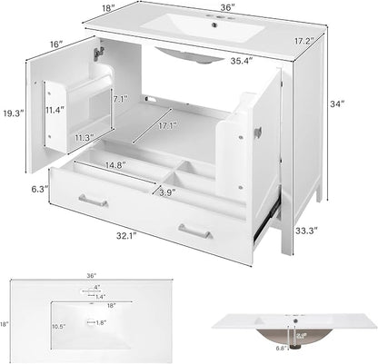 36" Freestanding Bathroom Vanity with Sink, Floor Stand Bathroom Storage Cabinet with Ceramic Sink, Doors with Double-Layered Storage Shelves, Modern Compact Vanity with Divided Drawer, White