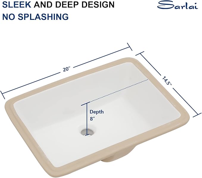 Sarlai Undermount Rectangular Vessel Sink - 20 x 14.5 inch Modern White Ceramic Art Basin with Overflow